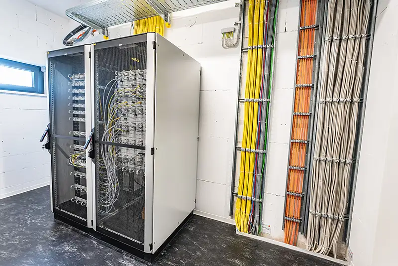 Serverraum mit IT-Netzwerkschränken und strukturierter Verkabelung im Industriegebäude.