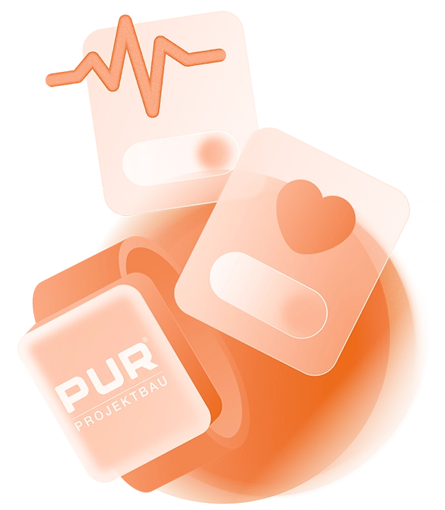 Eine Smartwatch im modernen Stil zeigt Pulsschlag, Herzfrequenz und das PUR-Logo an