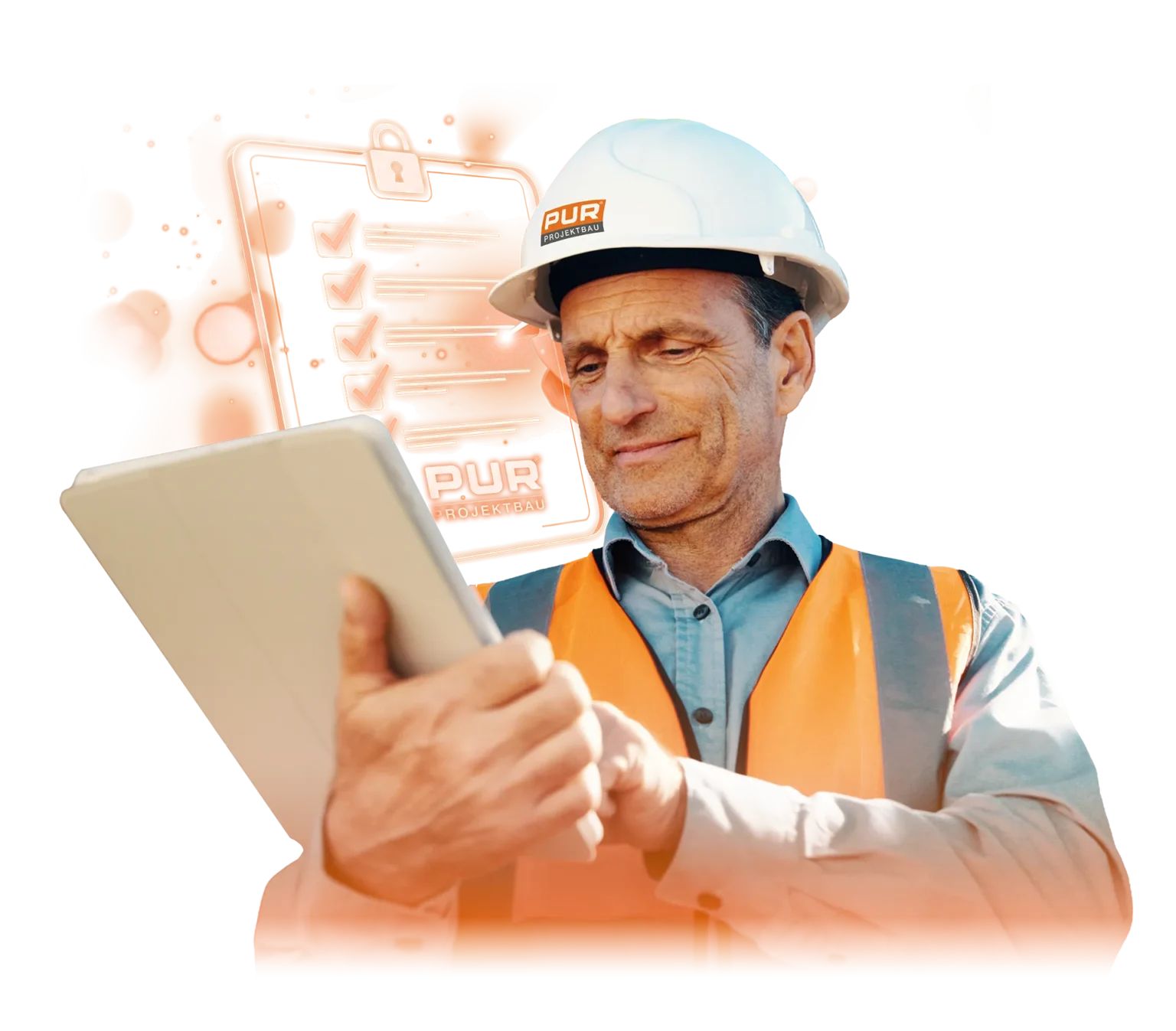 Ein Bauingenieur hakt an seinem Tablet mehrere Qualitätspunkte ab