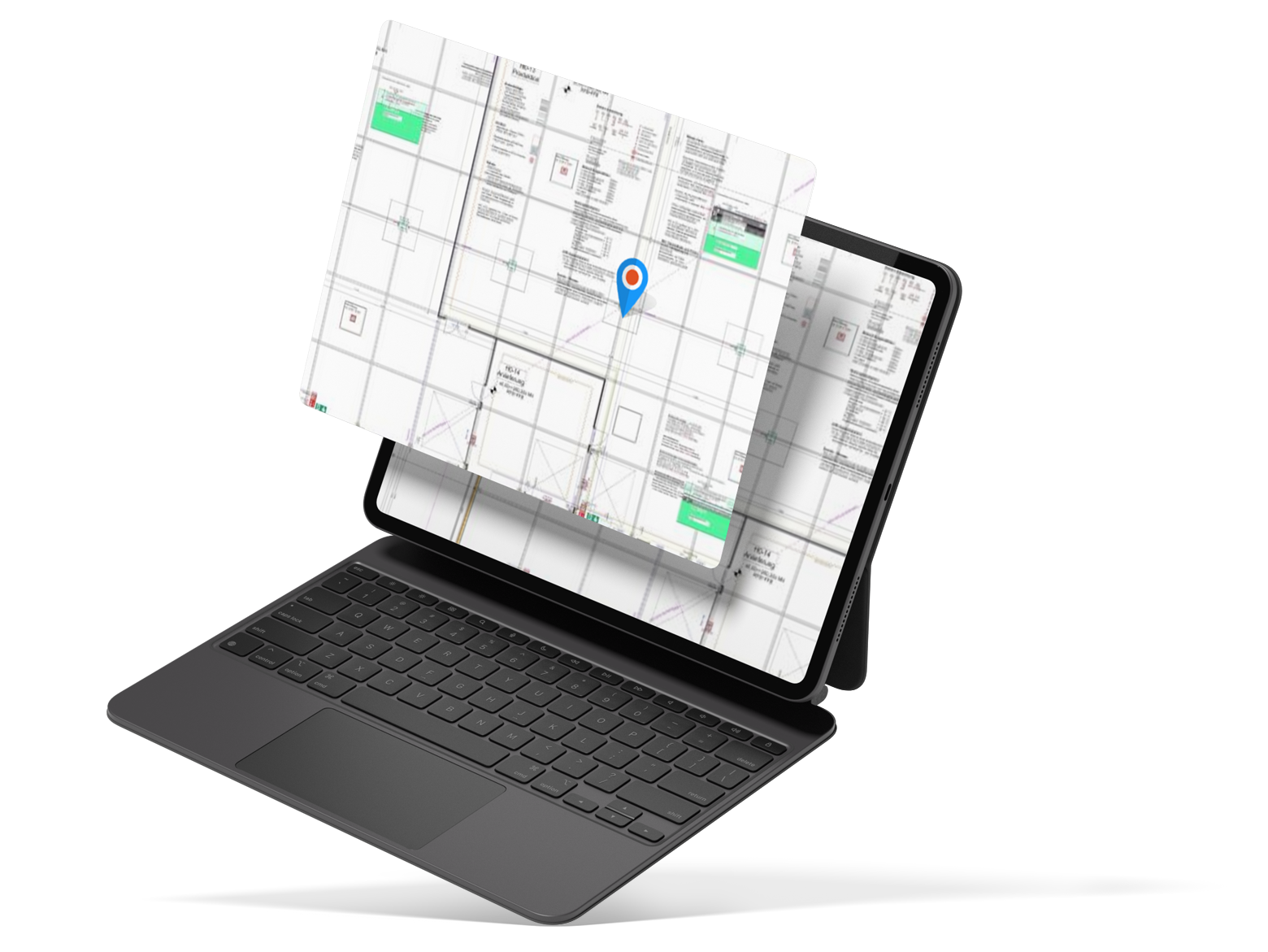 Ein Tablet zeigt ein Computerprogramm, das Qualitätskontrollen durch Pfeile und Markierungen visuell und örtlich sichtbar macht